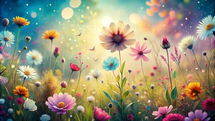 Obraz premium Vibrant abstract florals seamlessly merge into a tranquil meadow scene, bursting with delicate petals, soft hues, and organic textures.