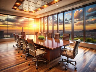 A modern business boardroom with a large wooden table, leather chairs, and a sunset view through the window, symbolizing successful team collaboration.
