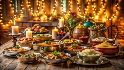 Cozy dining area set with traditional Indian dishes, vibrant decorations, and dim lighting, capturing warmth and togetherness of a family dinner celebration.