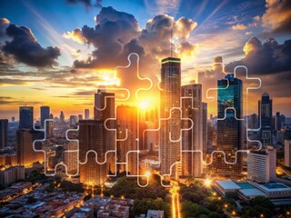 Abstract blurred background of corporate cityscape at sunset with glowing circuit board lines and puzzle pieces, symbolizing innovative business strategy and market growth.