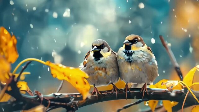 natural panoramic photo with little funny birds and Chicks sitting on a branch in summer garden in the rain