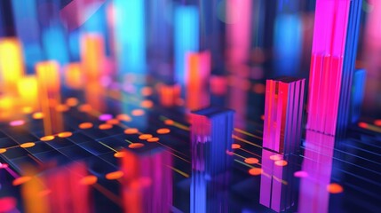 3D rendering of financial graphs in a virtual space, illustrating financial analytics.