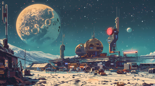 A retrofuturistic space trader swaps goods with alien beings in a bustling intergalactic marketplace.