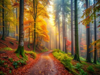 Obraz premium Winding rustic trail disappears into vibrant autumn forest, surrounded by tall trees, lush foliage, and misty atmosphere, perfect for outdoor adventure and nature exploration.