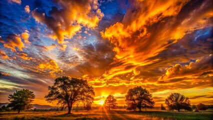 Obraz premium Warm golden light of a breathtaking sunset pours over the horizon as clouds are painted with vibrant hues, silhouetted trees stand in serene landscape.