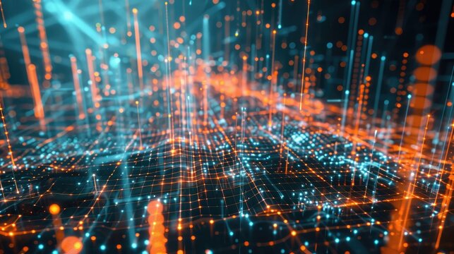 3D scatter plot in a virtual environment, representing business data analysis.