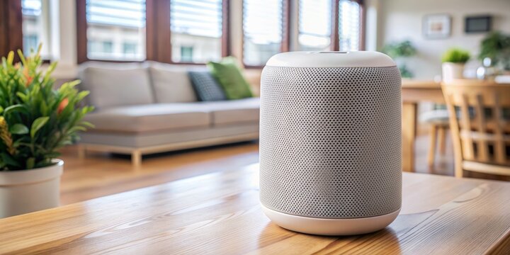 Modern compact wireless speaker with touch interface and voice assistant capability sitting on a sleek tabletop, showcasing smart home automation and innovative technology.