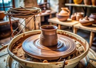Obraz premium CLOSE UP of spinning potter's wheel with a lump of clay taking shape, wires and metal frame blurred in the background, messy worktable nearby.