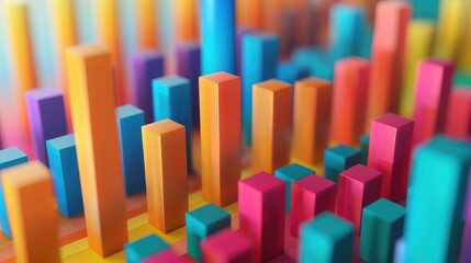 Abstract 3D bar charts with rising segments, highlighting financial performance.