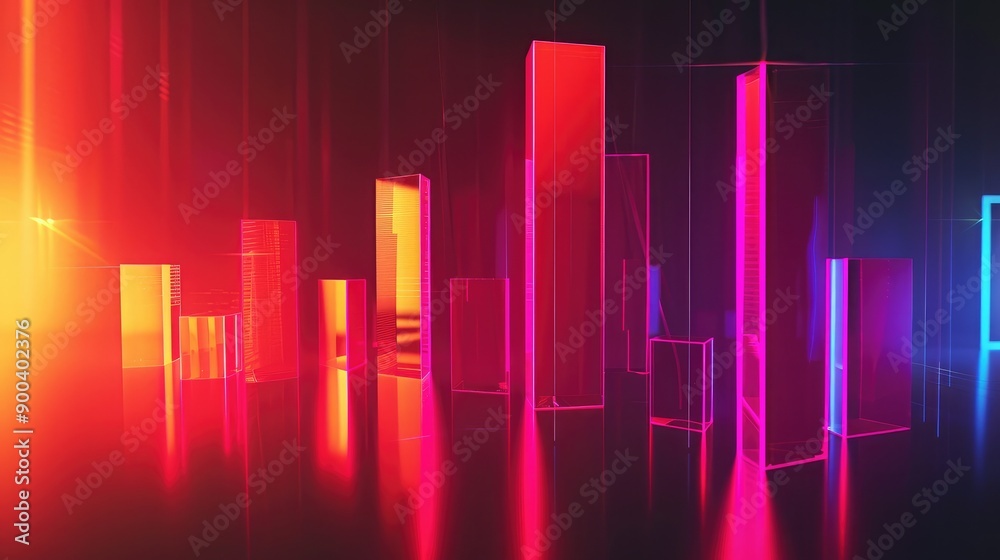 Poster abstract 3d bar graph with glowing segments, symbolizing business data visualization.