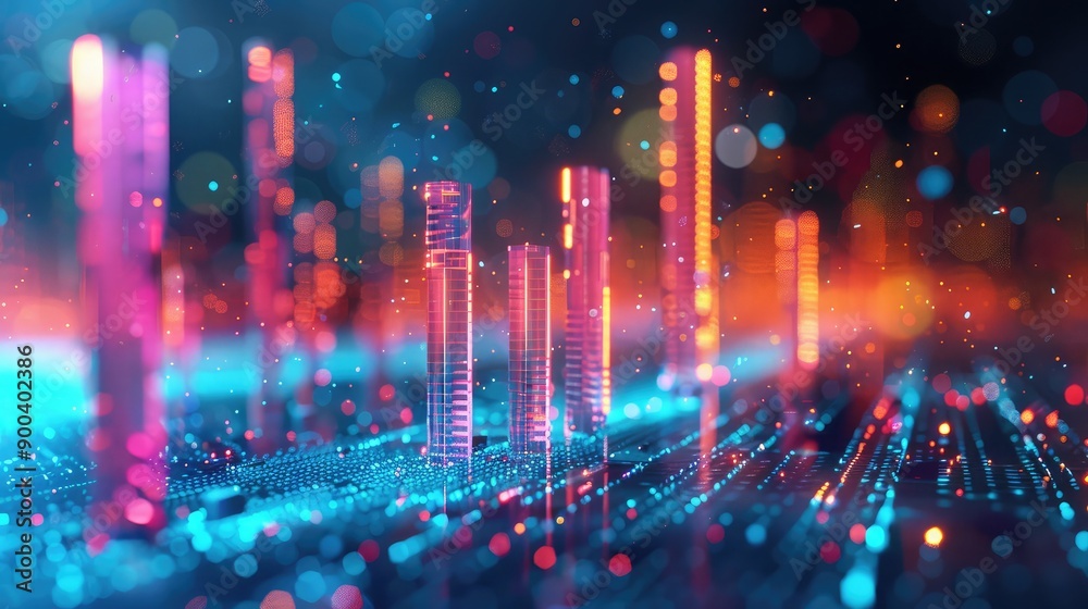 Poster abstract 3d bar graph with glowing segments, symbolizing business data visualization.