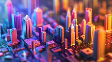 Abstract 3D city with financial overlays, symbolizing urban business planning.