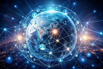 Fototapeta premium A futuristic globe surrounded by glowing network lines and digital icons, representing innovative business strategy, creative solutions, and technological support for growth.