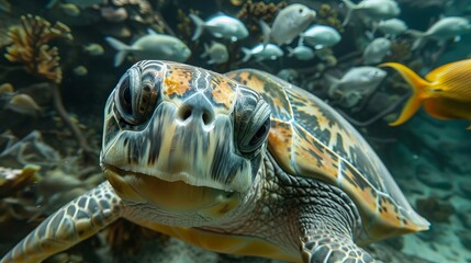 Fototapeta premium Turtle looking to the camera, followed by some silver fish