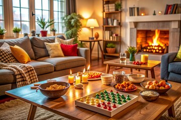 Cozy living room setup with open board game, scattered game pieces, and snacks, conveying warmth and togetherness of a family game night atmosphere.