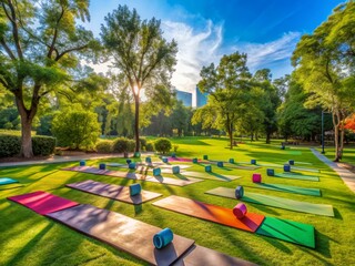 Empty city park outdoor yoga workout area with colorful mats and exercise props scattered around, surrounded by lush green trees and sunny blue sky.