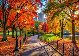 Vibrant fall foliage surrounds scenic trails in Boston as empty walking paths await, symbolizing seniors' outdoor adventures, social connections, and energetic lifestyles.