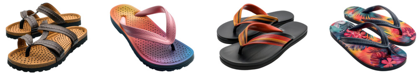 colorful beach flip flops isolated on transparent background