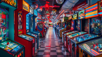 Colorful neon lights illuminate a retro arcade with vintage games and attractions in a park.