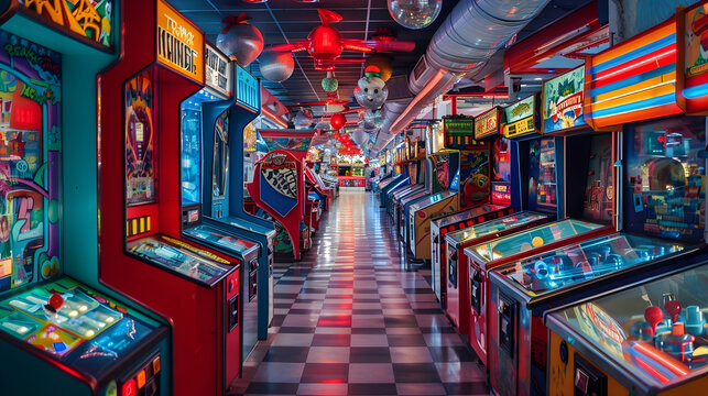 Colorful neon lights illuminate a retro arcade with vintage games and attractions in a park.