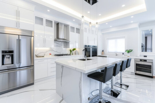 A modern kitchen with white cabinets marble countertops and a large island with bar stools