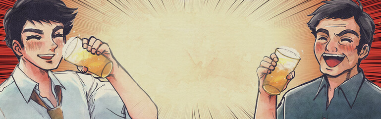 飲み会、宴会、ビールを飲む男達の劇画イラストバナー