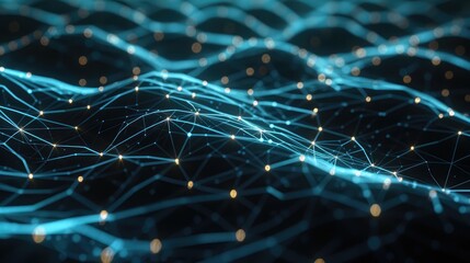 Abstract 3D financial network with glowing lines and nodes, highlighting financial connectivity.