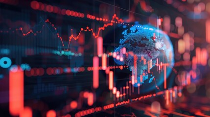 Obraz premium Abstract 3D globe with financial data overlays, highlighting global market trends.