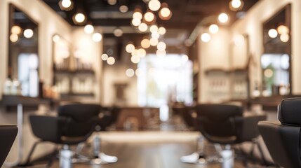 blurred hair salon background with chairs and tables, no people in focus, featuring sharp foreground and high resolution photography with professional color grading