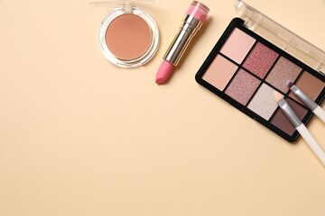 Professional decorative cosmetics, make-up products and accessories on color background, minimal style