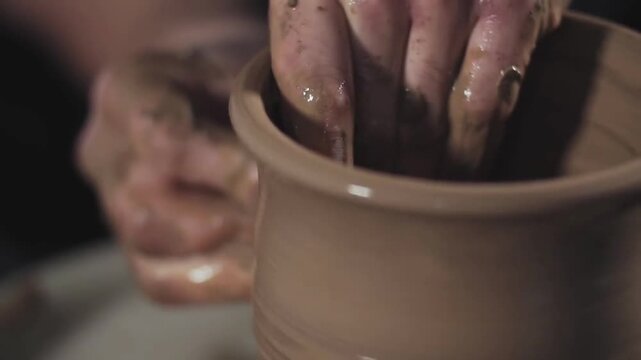 close up Apprentice learning clay pottery on ancient kick operated revolving wheel