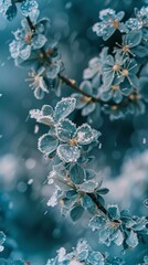 Delicate frosted leaves shimmer as gentle snowflakes fall around them