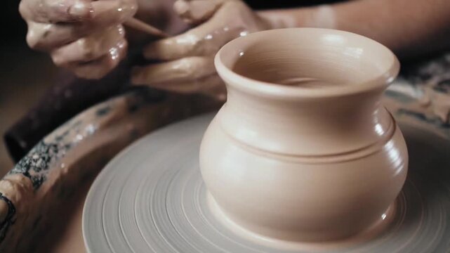 hands of the potter at work The master gives a shape to the pottery. Clay shaping close up