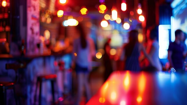 vibrant urban bar with neon lights and blurred background, featuring a woman at an empty table and people socializing, captured with long exposure photography