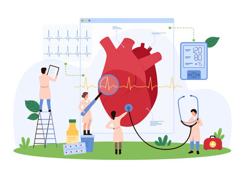 Cardiology checkup for diagnosis, prevention and treatment. Tiny people check blood pressure with sphygmomanometer, monitor heart health, heartbeat with electrocardiogram cartoon vector illustration