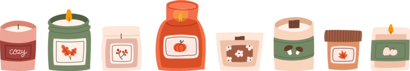 Various scented candles set. Collection of cozy aromatic candles. Aromatherapy and relaxation. Hand drawn flat vector illustration.
