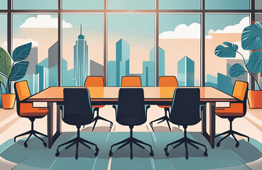 empty executive boardroom with table and chairs, plants and view of skyscrapers out the window