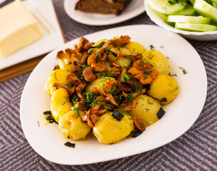Baked potatoes with chanterelles, served with herbs on white plate