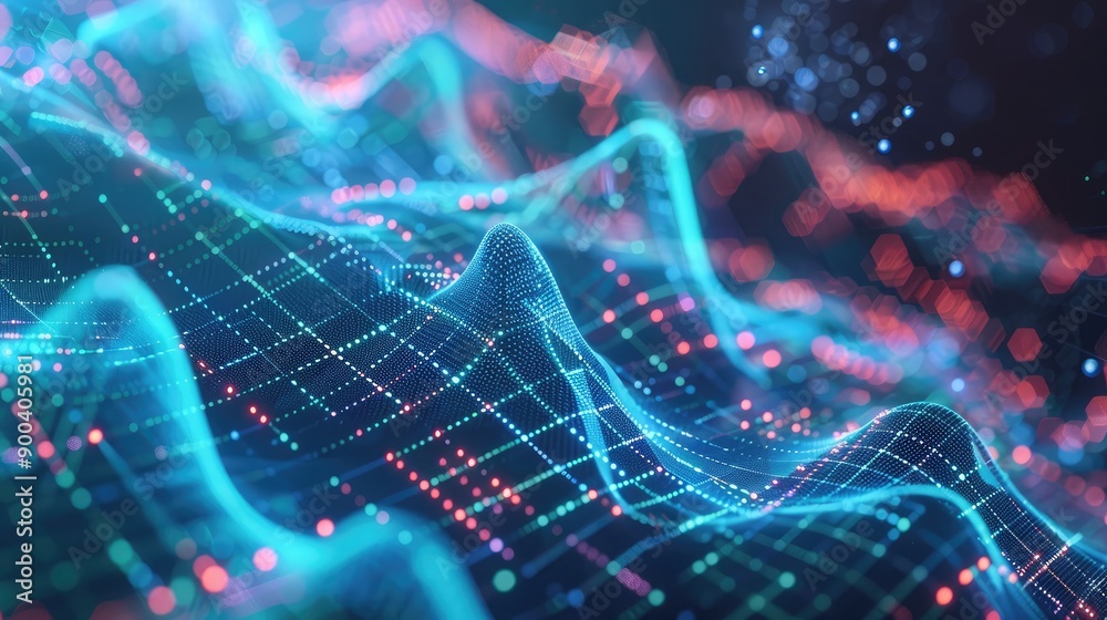 Poster abstract 3d waveforms with business metrics, symbolizing dynamic business environments.