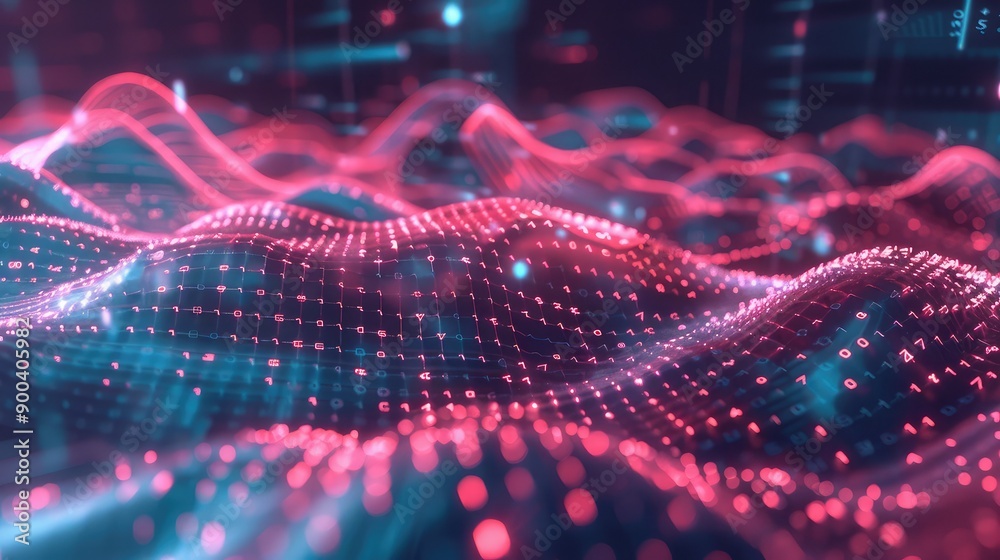 Poster abstract 3d waveforms with business metrics, symbolizing dynamic business environments.