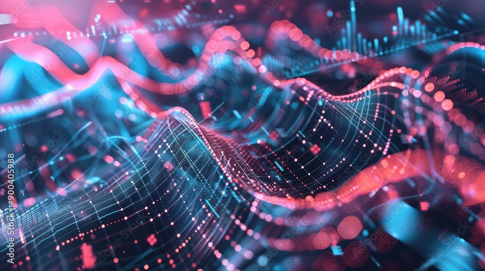 Poster abstract 3d waveforms with business metrics, symbolizing dynamic business environments.