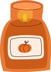 Pumpkin scented candle. Cozy autumn aromatic candle .Hand drawn hygge candlelight. Flat vector illustration.