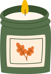 Cozy autumn scented candle. Aromatic hand drawn hygge candle. Aromatherapy and relaxation. Flat vector illustration.