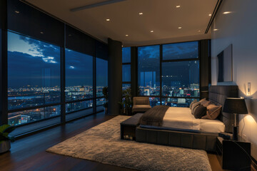 Naklejka premium A modern bedroom with a panoramic view of a city at night showcasing a luxurious and inviting atmosphere