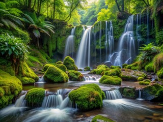 Fototapeta premium Серene cascading waterfalls surrounded by lush green vegetation, moss-covered rocks, and delicate ferns, creating a tranquil atmosphere in a secluded natural paradise.