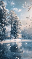 Fototapeta premium Tranquil winter landscape featuring snowflakes and serene reflections