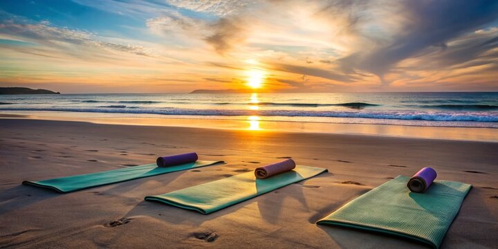 Serene dawn breaks over empty beach as three silhouetted yoga mats wait, capturing the essence of tranquil morning routines and healthy lifestyle aspirations.