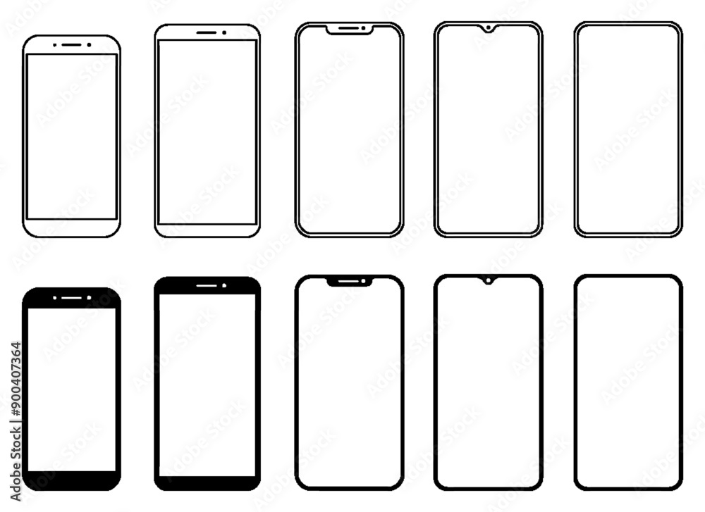 Poster Different black models smartphone with empty touch screen front view icon. Detailed line mockup smartphone sign, linear model mobile phone, app, ui, ux
