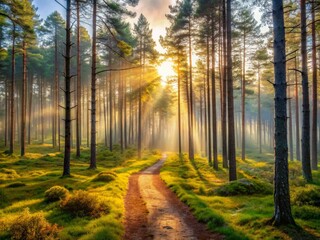 Fototapeta premium Serene morning landscape of pine forest with sunlit trees, misty atmosphere, and winding trail inviting exploration, symbolizing adventure and nature connection.