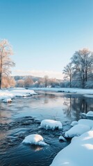 Gentle river flows through a serene snowy landscape under a clear blue sky